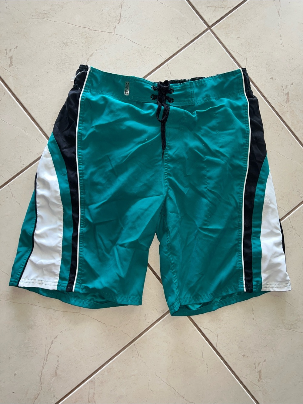 Men's Teal Swim Trunks with Black & White Side Stripes